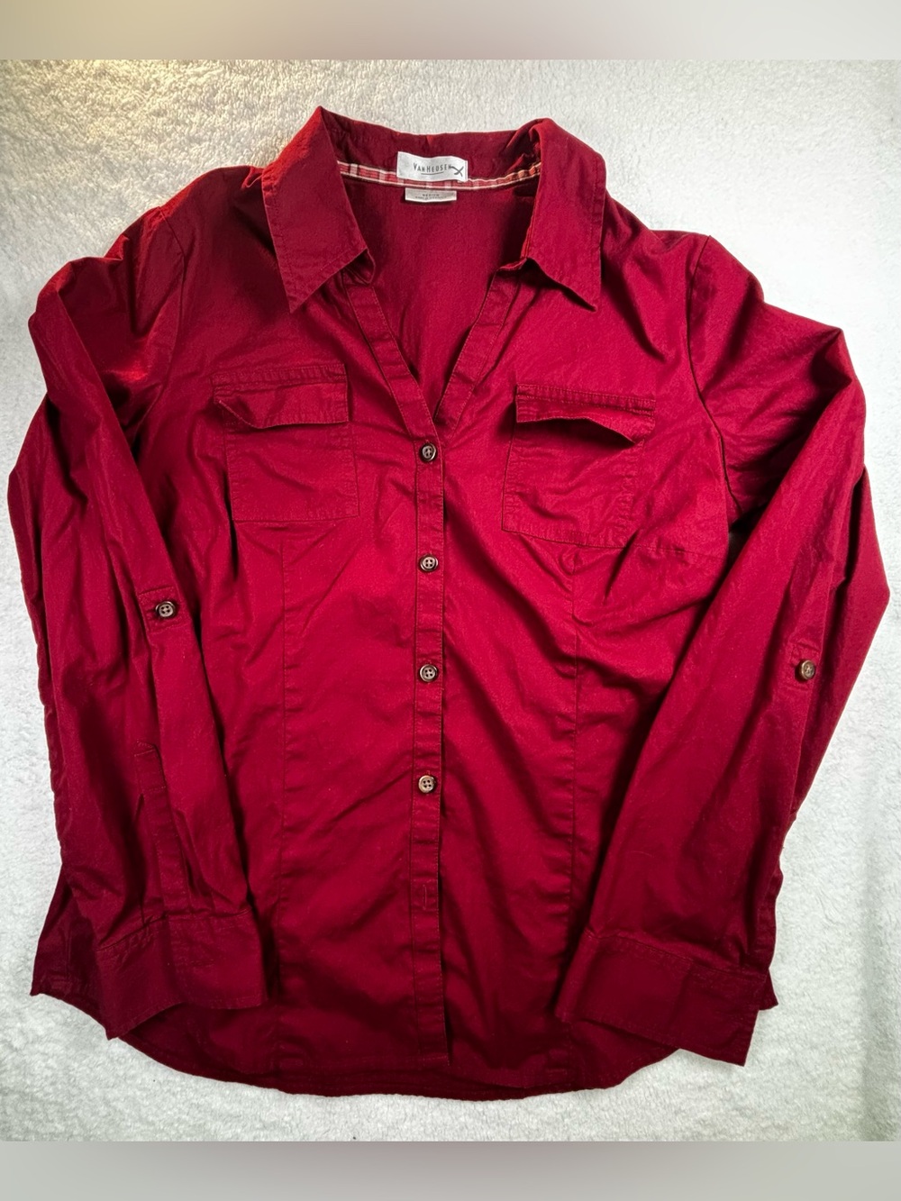 Van Heusen women’s burgundy button‑up shirt, medium, with chest pockets